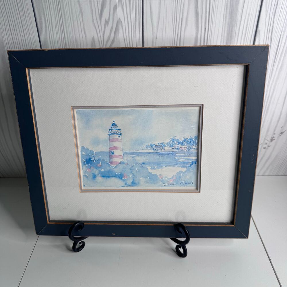 Sarah Malin 11x13 Water Color Painting Lighthouse Framed Blue
